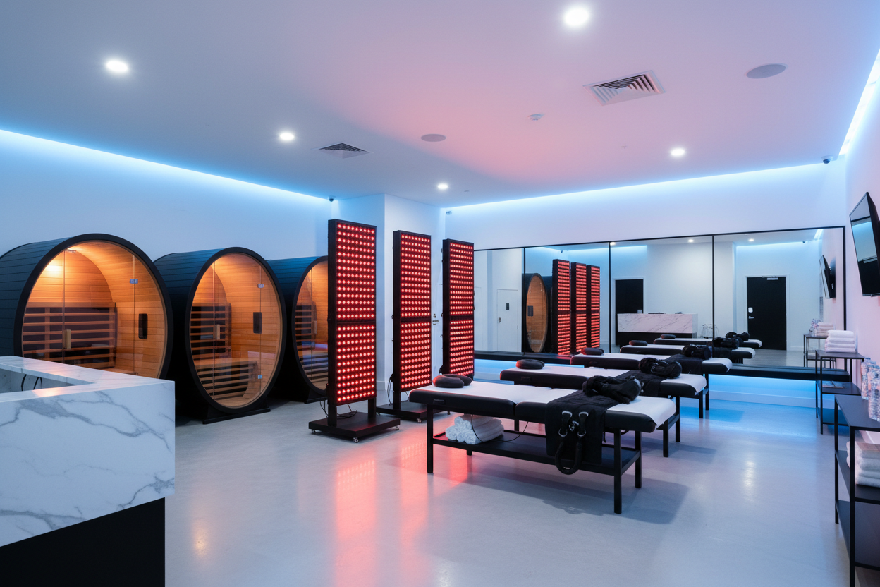 saunas, red light therapy, massage beds, use colors blue, white and black